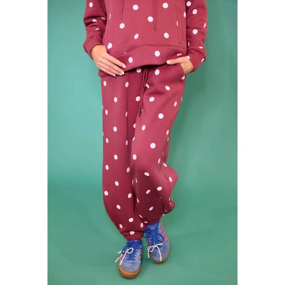 NEW POPPY & PINE women's polka dot joggers in maroon pink